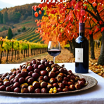 **Image Prompt:** A vibrant autumn vineyard in Piedmont, Italy, with golden and red leaves. In the foreground, a rustic table laden with local delicacies like chestnuts, porcini mushrooms, truffle-infused dishes, and bottles of Barolo wine. Capture the warm, inviting atmosphere of a harvest festival (sagra).