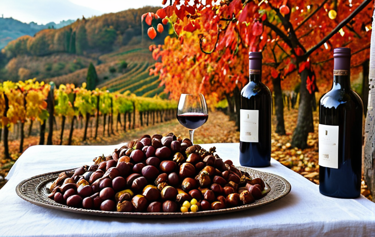 **Image Prompt:** A vibrant autumn vineyard in Piedmont, Italy, with golden and red leaves. In the foreground, a rustic table laden with local delicacies like chestnuts, porcini mushrooms, truffle-infused dishes, and bottles of Barolo wine. Capture the warm, inviting atmosphere of a harvest festival (sagra).