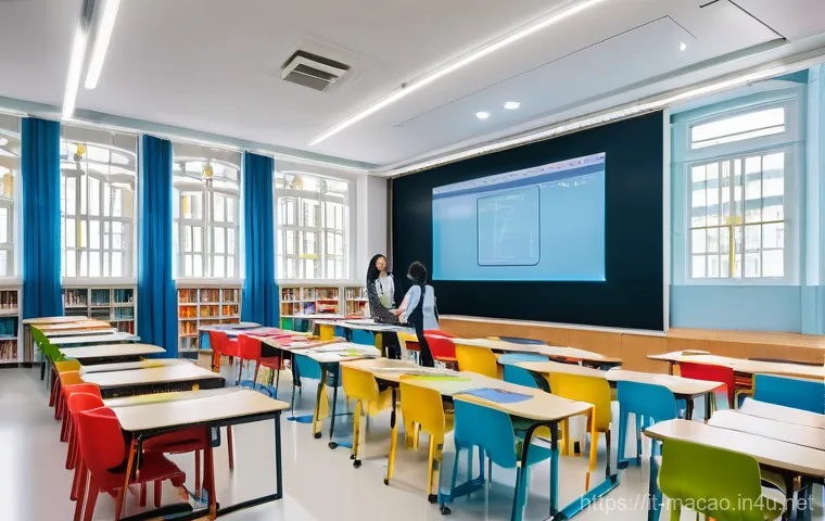 마카오 교육 제도와 명문 학교 - **Prompt:** A vibrant, ultra-modern classroom in Macao, infused with both traditional Chinese and Po...