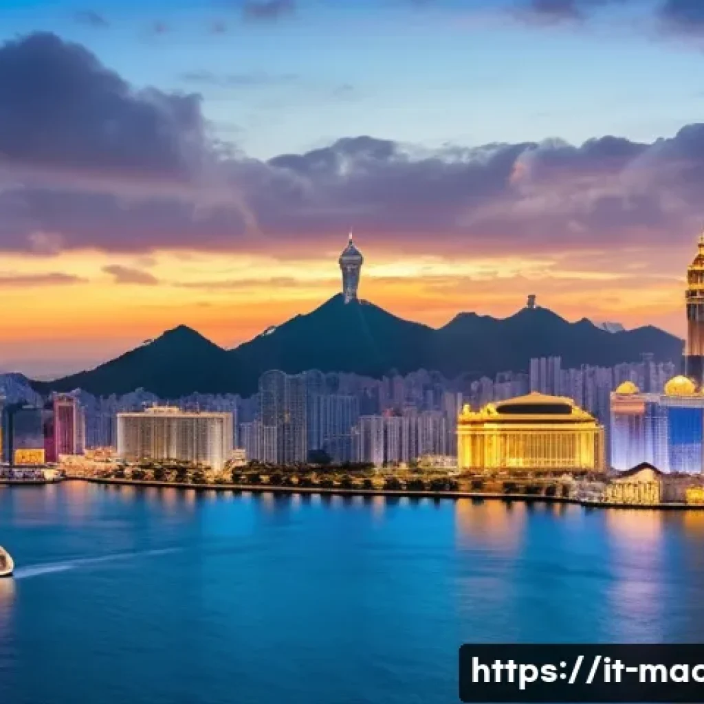 마카오의 국제적 위치와 전략 - A vibrant panoramic view of Macau’s skyline at dusk, showcasing the iconic blend of Portuguese colon...