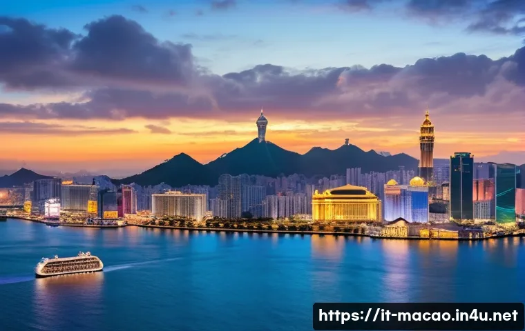 마카오의 국제적 위치와 전략 - A vibrant panoramic view of Macau’s skyline at dusk, showcasing the iconic blend of Portuguese colon...