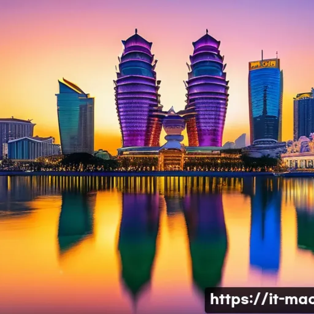 마카오의 현대 건축과 고층 빌딩 - A futuristic Macau cityscape at sunset featuring iconic vertical skyscrapers such as the Grand Lisbo...