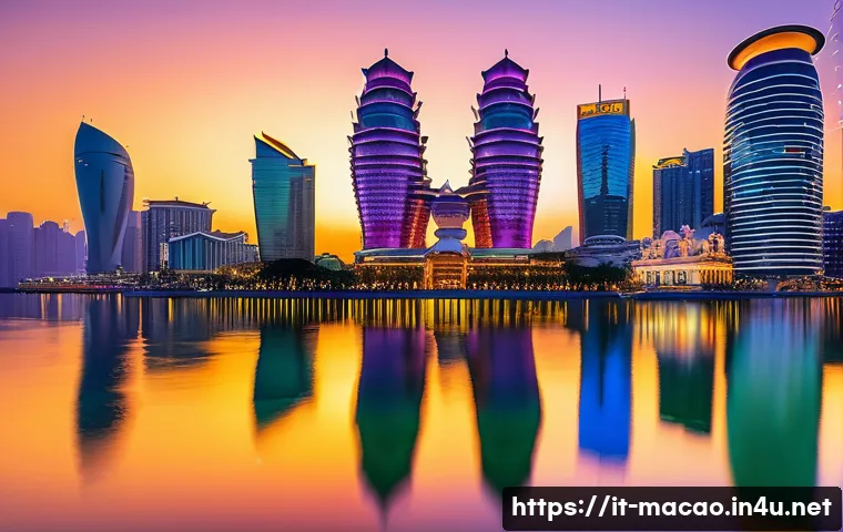 마카오의 현대 건축과 고층 빌딩 - A futuristic Macau cityscape at sunset featuring iconic vertical skyscrapers such as the Grand Lisbo...
