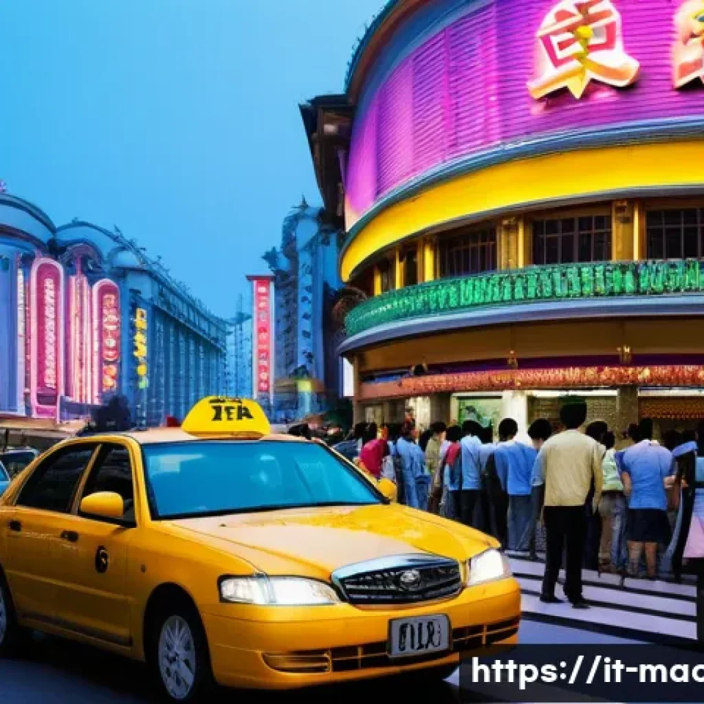 마카오 여행 사기 사례 - A bustling Macau street scene near a casino at dusk, showing a well-lit official taxi stand with tax...