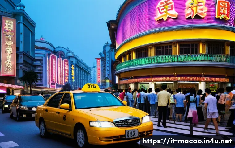 마카오 여행 사기 사례 - A bustling Macau street scene near a casino at dusk, showing a well-lit official taxi stand with tax...