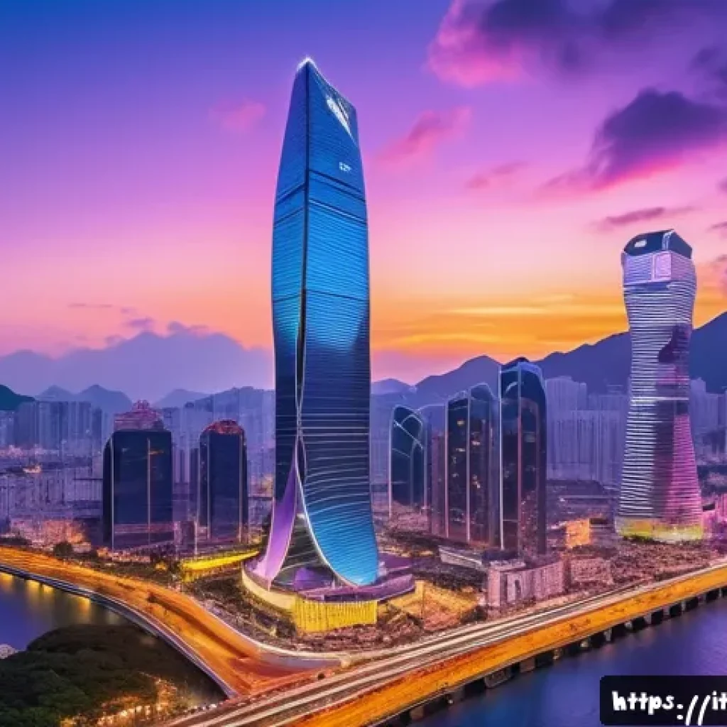 마카오의 금융 산업 발전 - A futuristic financial district skyline in Macau at dusk, featuring sleek skyscrapers with digital b...
