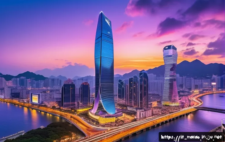 마카오의 금융 산업 발전 - A futuristic financial district skyline in Macau at dusk, featuring sleek skyscrapers with digital b...