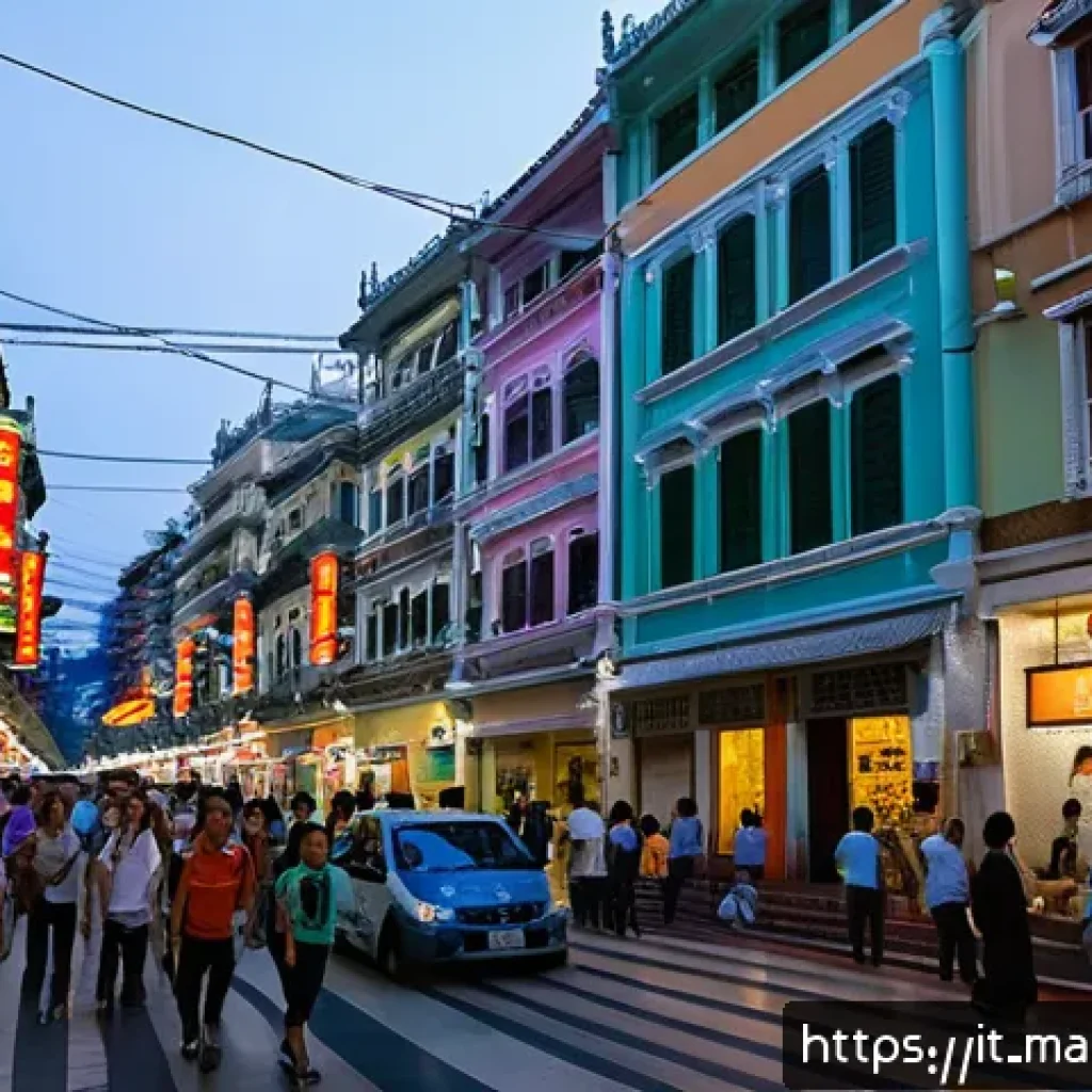 마카오 최신 사건 사고 - A vibrant urban street scene in Macau at dusk, showing a diverse mix of residents, tourists, and for...