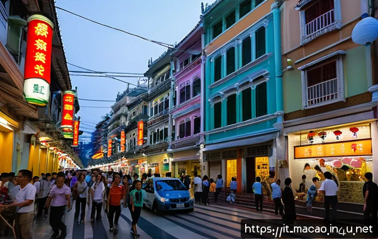 마카오 최신 사건 사고 - A vibrant urban street scene in Macau at dusk, showing a diverse mix of residents, tourists, and for...