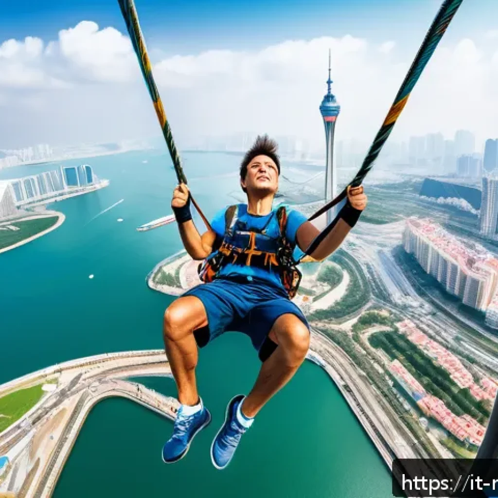 마카오 타워 번지점프 체험 - A brave adventurer preparing mentally and physically for a bungee jump from Macau Tower, wearing com...