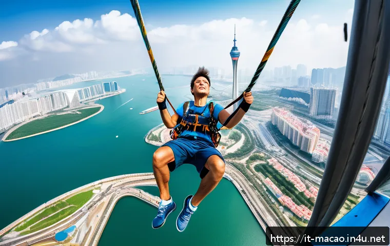 마카오 타워 번지점프 체험 - A brave adventurer preparing mentally and physically for a bungee jump from Macau Tower, wearing com...