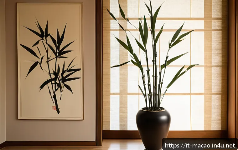 한자 공예품과 기념품 쇼핑 - A serene indoor scene showcasing a traditional Chinese calligraphy scroll mounted on rice paper, han...