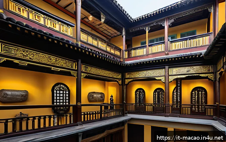 마카오 박물관 추천 - A detailed interior view of a lesser-known Macau museum showcasing a blend of traditional Chinese an...