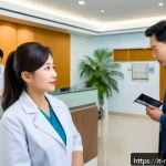 Home 20 마카오 여행자 보험 필수 여부 - A detailed scene inside a modern private hospital in Macau, showing a diverse group of tourists wait...