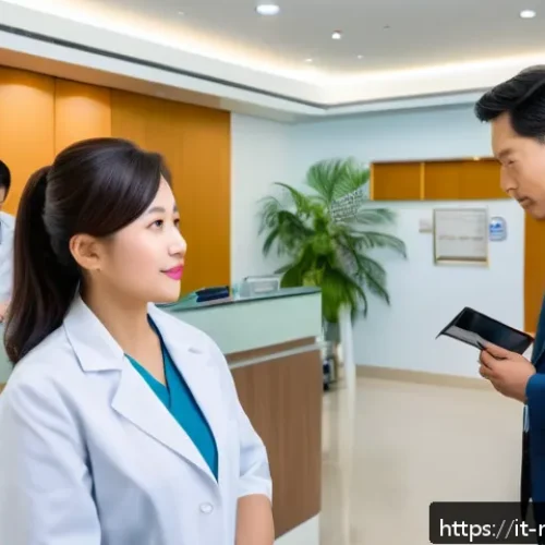 Home 32 마카오 여행자 보험 필수 여부 - A detailed scene inside a modern private hospital in Macau, showing a diverse group of tourists wait...