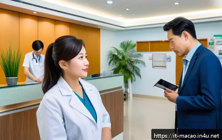 마카오 여행자 보험 필수 여부 - A detailed scene inside a modern private hospital in Macau, showing a diverse group of tourists wait...