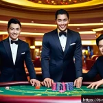 Home 19 마카오 카지노 규정과 예의 - A sophisticated casino interior in Macau with players dressed in smart casual attire, including men ...