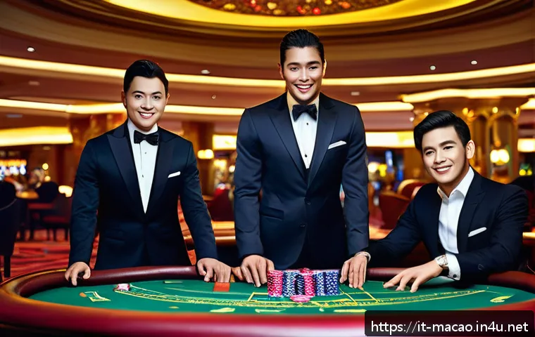 마카오 카지노 규정과 예의 - A sophisticated casino interior in Macau with players dressed in smart casual attire, including men ...