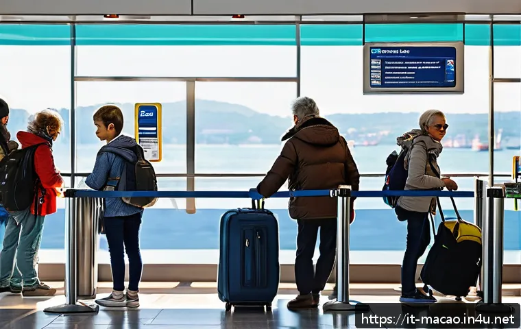 홍콩 마카오 터보젯 운항 정보 - A bustling modern ferry terminal in Italy during a sunny morning, with travelers of diverse ages and...