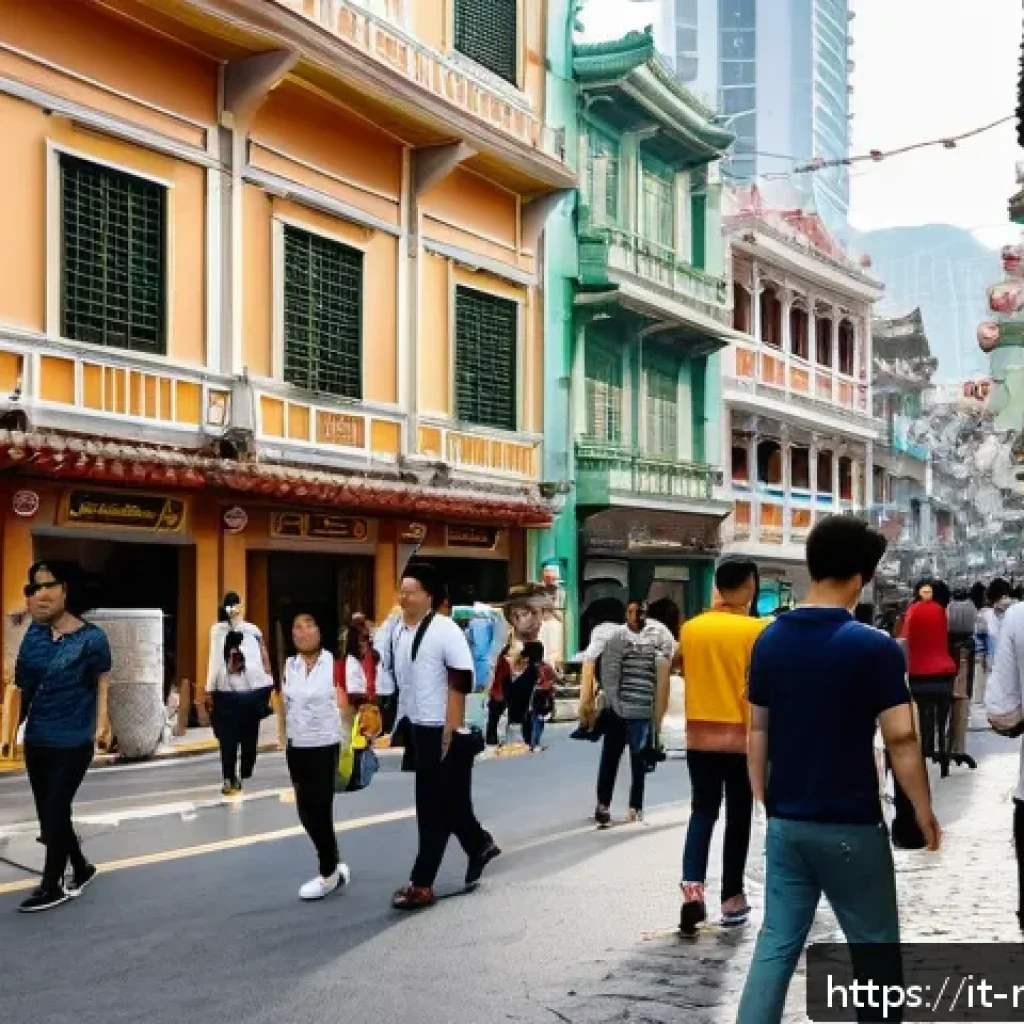 마카오 여행 시 주의할 점 - A bustling street scene in Macau during the daytime, showcasing diverse tourists and locals walking ...
