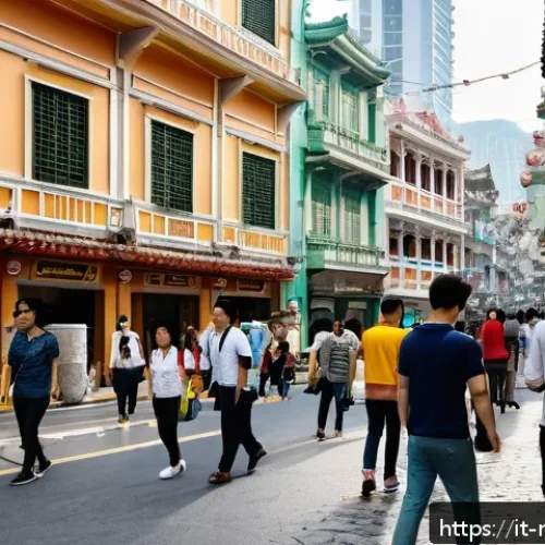 Home 17 마카오 여행 시 주의할 점 - A bustling street scene in Macau during the daytime, showcasing diverse tourists and locals walking ...