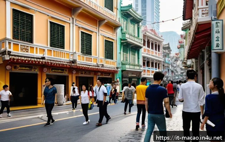 마카오 여행 시 주의할 점 - A bustling street scene in Macau during the daytime, showcasing diverse tourists and locals walking ...