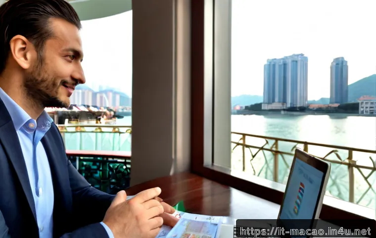 Home 17 마카오 내 비즈니스 기회 - Photorealistic business opportunity scene in Macau, Italian entrepreneur in smart casual attire meet...