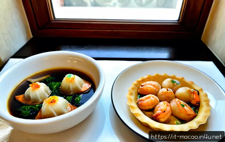 Home 17 광둥 요리와 마카오 스타일 - Photorealistic Cantonese and Macanese cuisine comparison on a refined Italian restaurant table: deli...